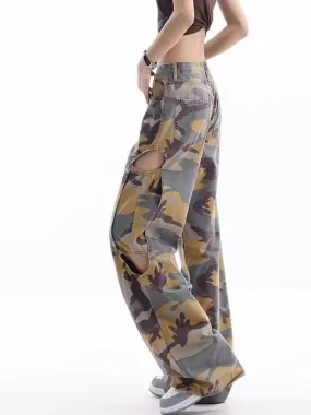 sealbeer Loose Splashed Ink Speaker Camouflage Pants Trendy Hip-hop Vintage Versatile Work Clothes Pants Wide Leg Pants Women's Jeans