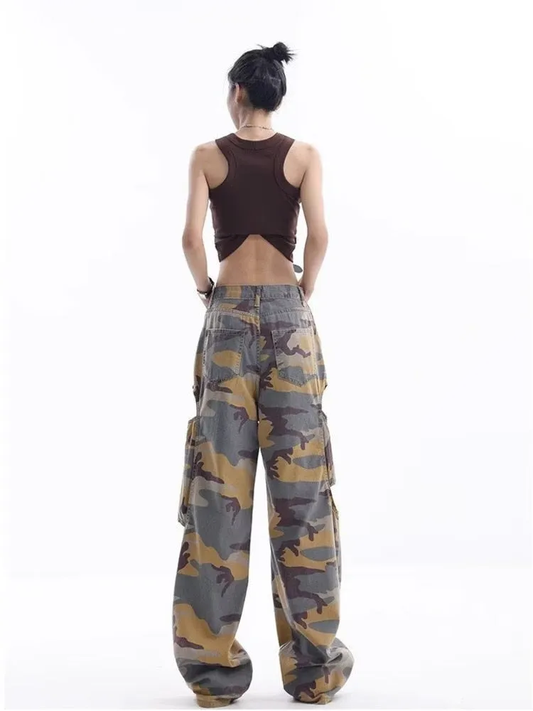 sealbeer Loose Splashed Ink Speaker Camouflage Pants Trendy Hip-hop Vintage Versatile Work Clothes Pants Wide Leg Pants Women's Jeans
