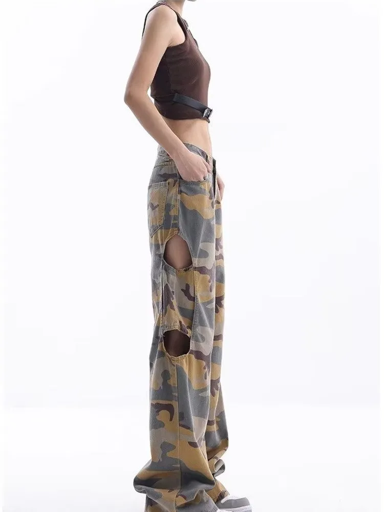 sealbeer Loose Splashed Ink Speaker Camouflage Pants Trendy Hip-hop Vintage Versatile Work Clothes Pants Wide Leg Pants Women's Jeans