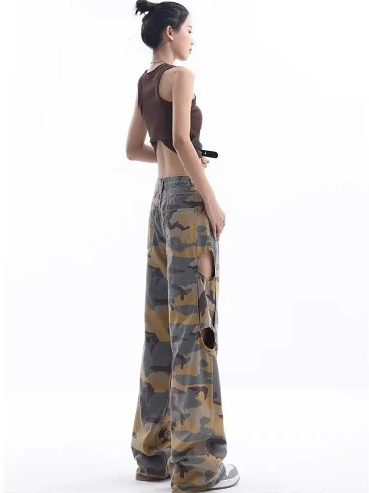 sealbeer Loose Splashed Ink Speaker Camouflage Pants Trendy Hip-hop Vintage Versatile Work Clothes Pants Wide Leg Pants Women's Jeans