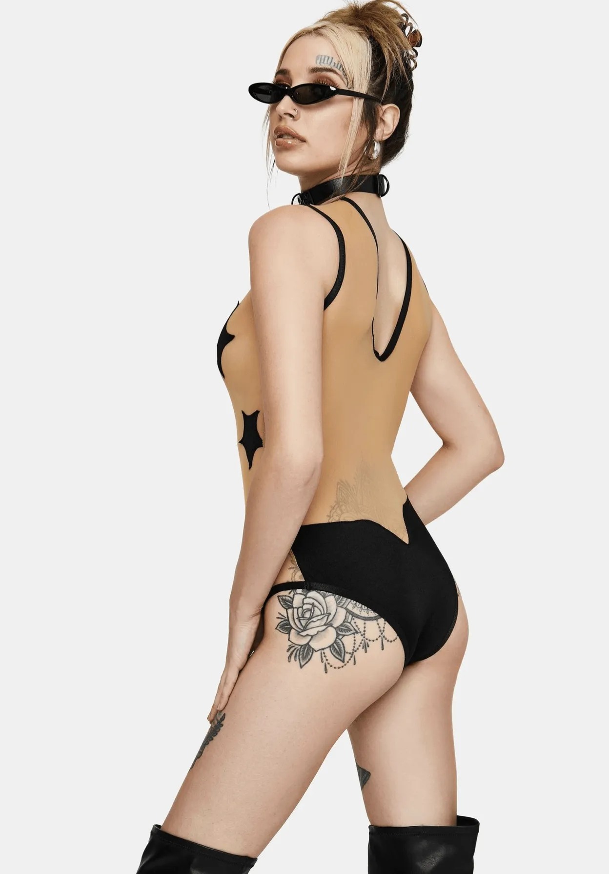 Star Struck Black Stars Nude Mesh One Piece Bodysuits