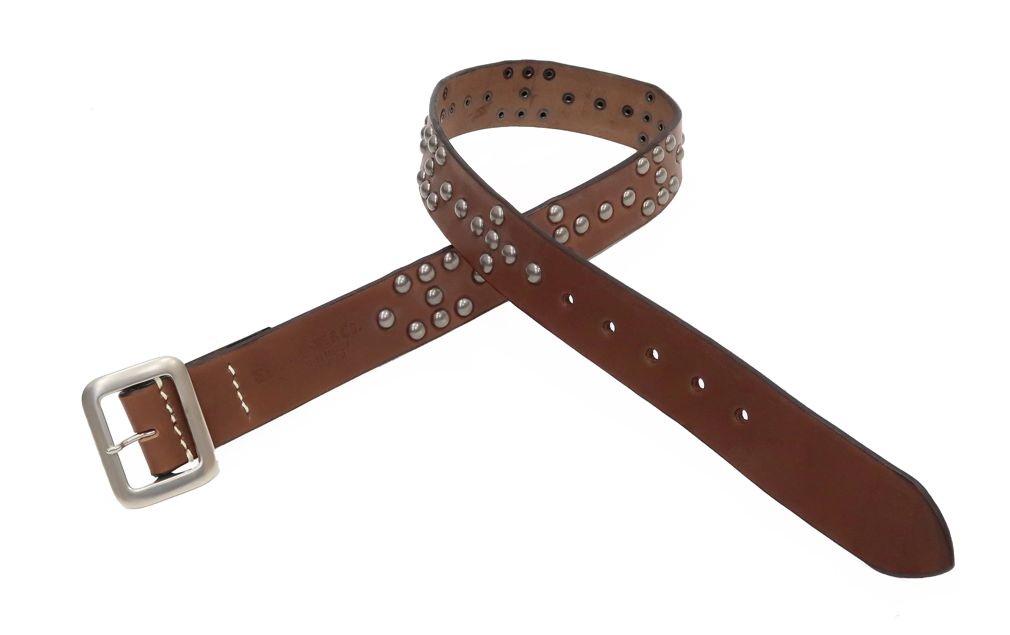 Sugar Cane Studded Belt Men's Ccasual 40mm Wide/4mm Thick Cowhide Leather Belt with Single Prong Square-Shaped Buckle SC02321 138 Brown