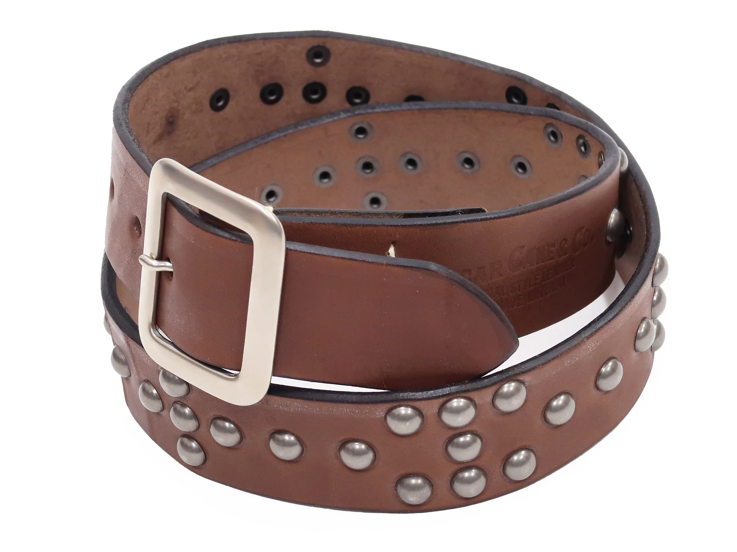 Sugar Cane Studded Belt Men's Ccasual 40mm Wide/4mm Thick Cowhide Leather Belt with Single Prong Square-Shaped Buckle SC02321 138 Brown