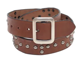 Sugar Cane Studded Belt Men's Ccasual 40mm Wide/4mm Thick Cowhide Leather Belt with Single Prong Square-Shaped Buckle SC02321 138 Brown