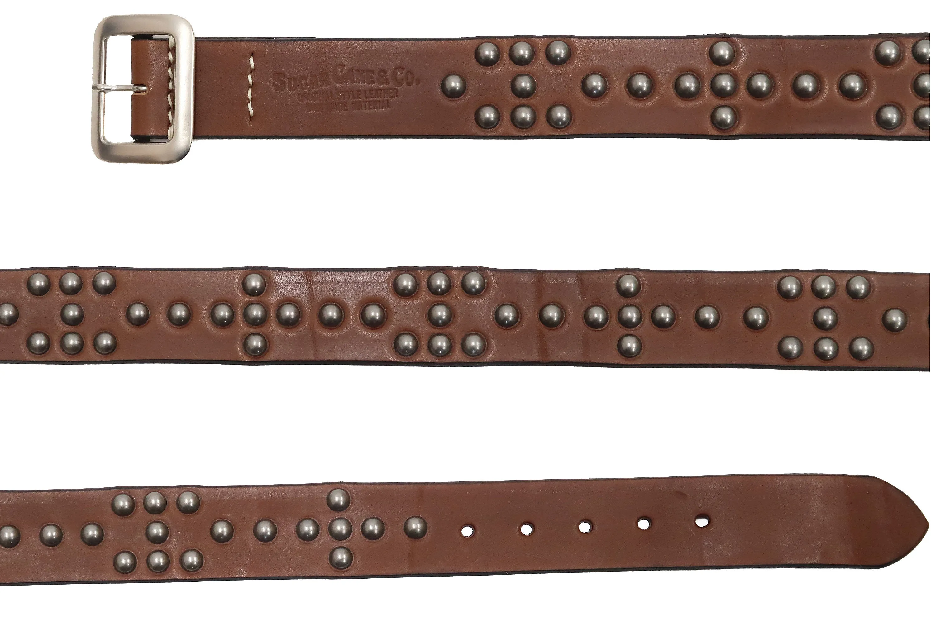 Sugar Cane Studded Belt Men's Ccasual 40mm Wide/4mm Thick Cowhide Leather Belt with Single Prong Square-Shaped Buckle SC02321 138 Brown
