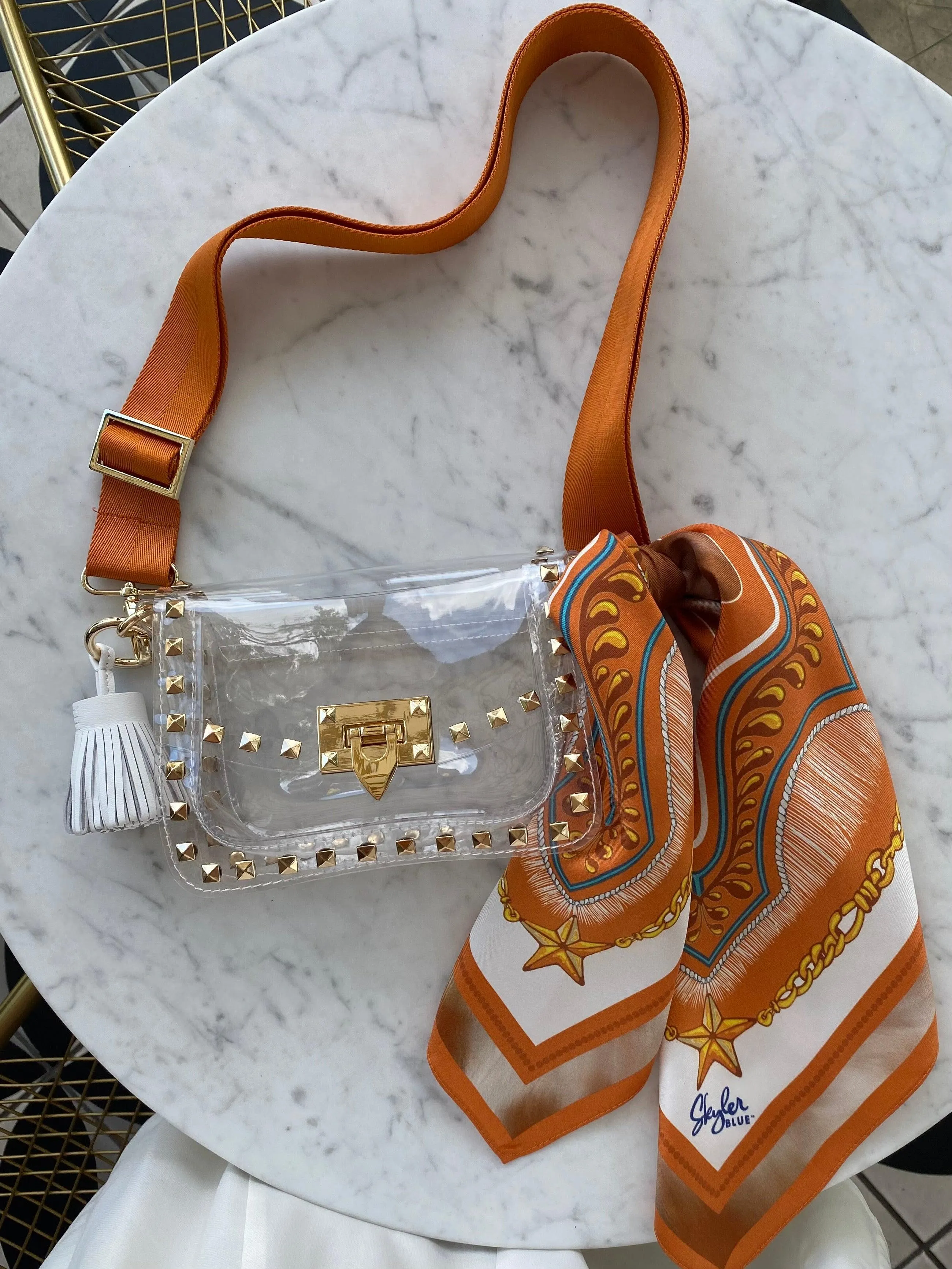 The Austin Clear Small Studded Bag - Clear Bag Burnt Orange Silk Scarf