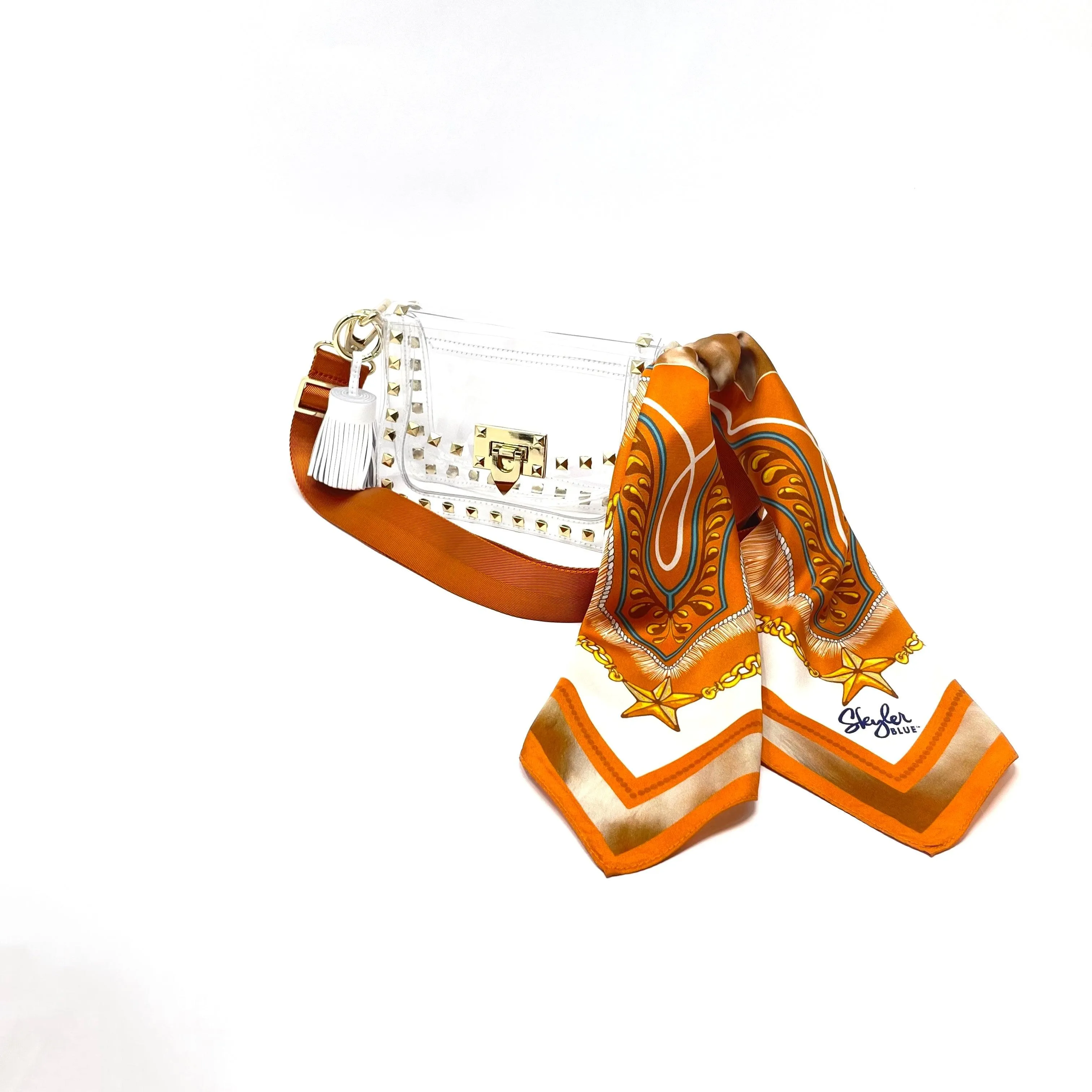 The Austin Clear Small Studded Bag - Clear Bag Burnt Orange Silk Scarf