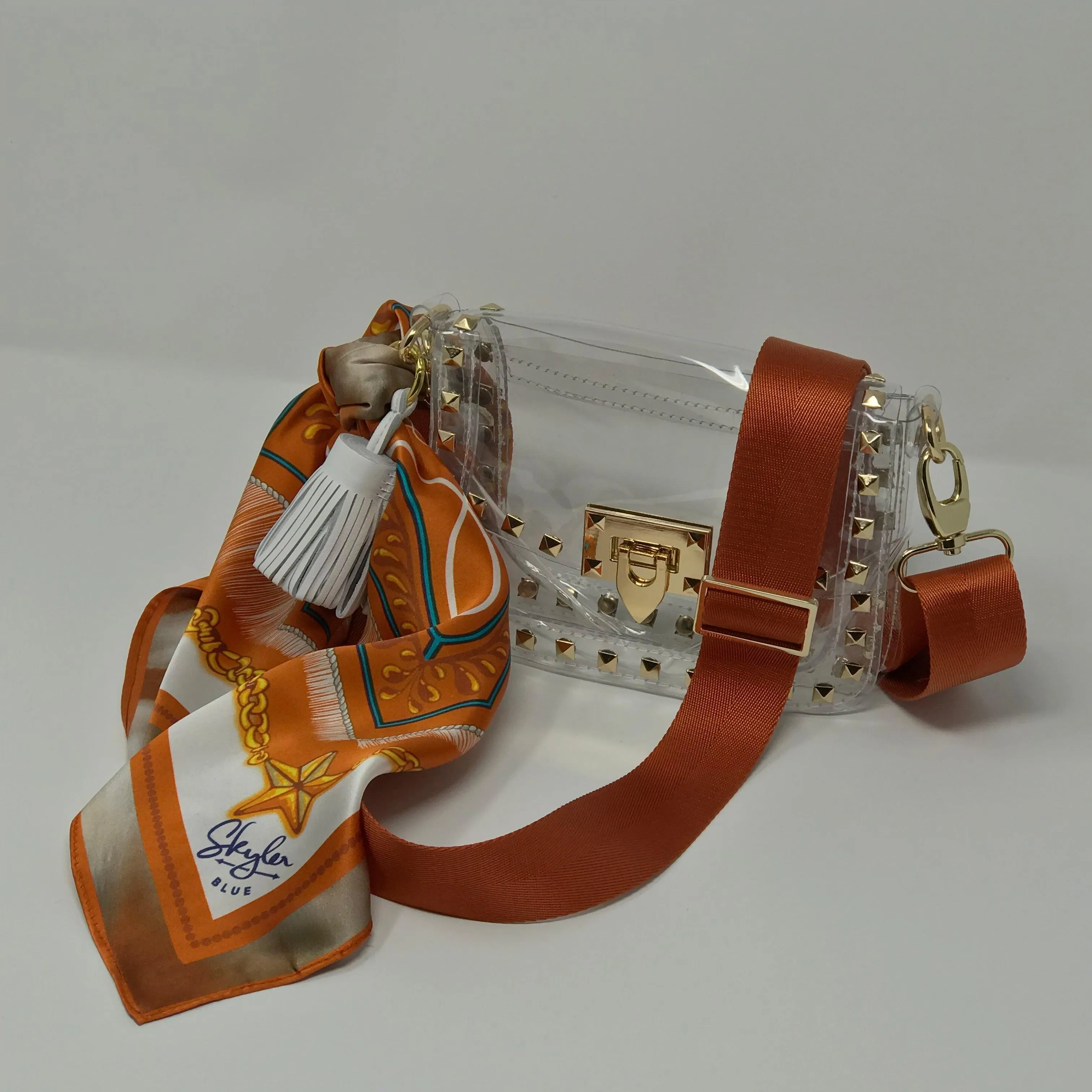 The Austin Clear Small Studded Bag - Clear Bag Burnt Orange Silk Scarf