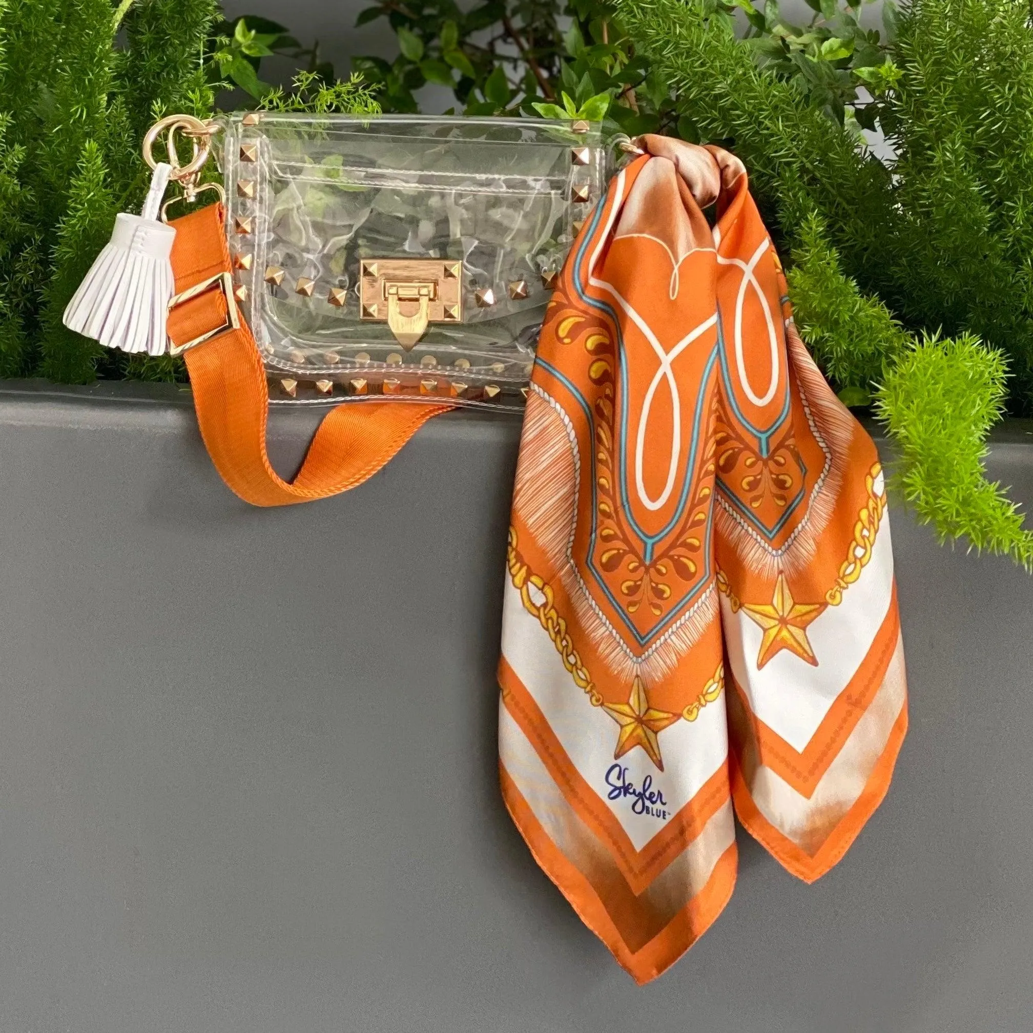 The Austin Clear Small Studded Bag - Clear Bag Burnt Orange Silk Scarf