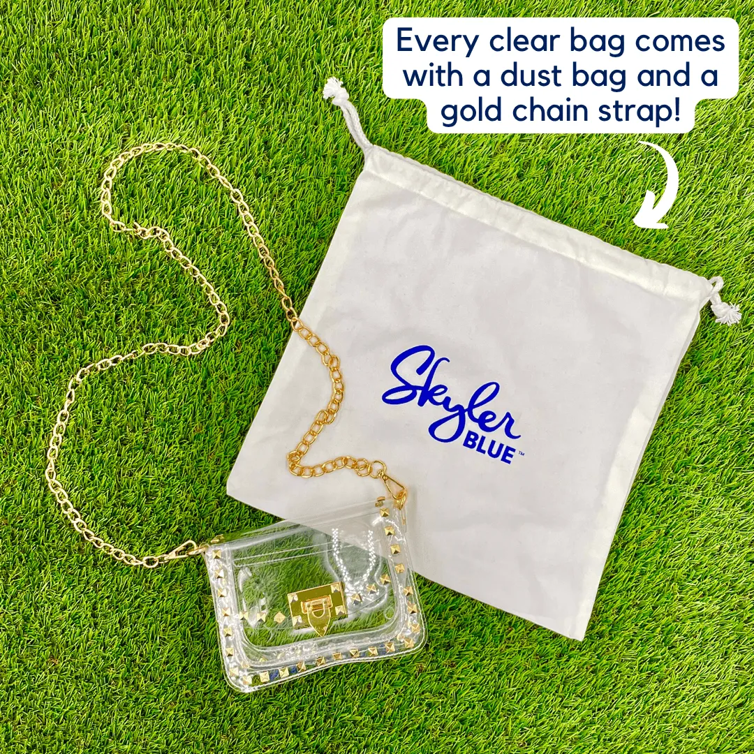 The Austin Clear Small Studded Bag - Clear Bag Burnt Orange Silk Scarf