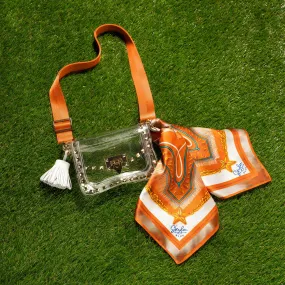 The Austin Clear Small Studded Bag - Clear Bag Burnt Orange Silk Scarf