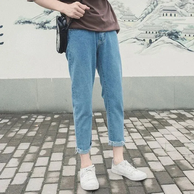 Wiaofellas  -  Man Cowboy Pants Skinny Torn Trousers Slim Fit Broken Ripped Men's Jeans with Holes Tight Pipe Cropped Japanese Street Style Xs