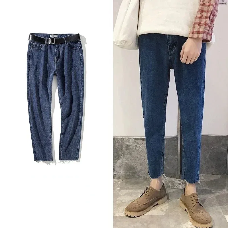 Wiaofellas  -  Man Cowboy Pants Skinny Torn Trousers Slim Fit Broken Ripped Men's Jeans with Holes Tight Pipe Cropped Japanese Street Style Xs