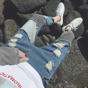 Wiaofellas  -  Man Cowboy Pants Skinny Torn Trousers Slim Fit Broken Ripped Men's Jeans with Holes Tight Pipe Cropped Japanese Street Style Xs