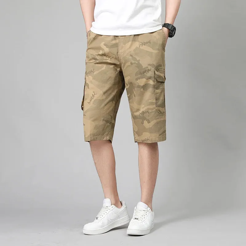 Wiaofellas  -  Men's Clothing Fashion Camouflage Capri Pants Printed Summer Safari Style Pockets Spliced Basic Mid Waist Elastic Casual Pants