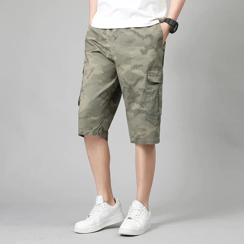 Wiaofellas  -  Men's Clothing Fashion Camouflage Capri Pants Printed Summer Safari Style Pockets Spliced Basic Mid Waist Elastic Casual Pants