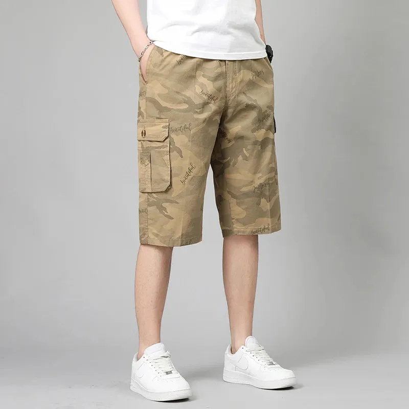 Wiaofellas  -  Men's Clothing Fashion Camouflage Capri Pants Printed Summer Safari Style Pockets Spliced Basic Mid Waist Elastic Casual Pants