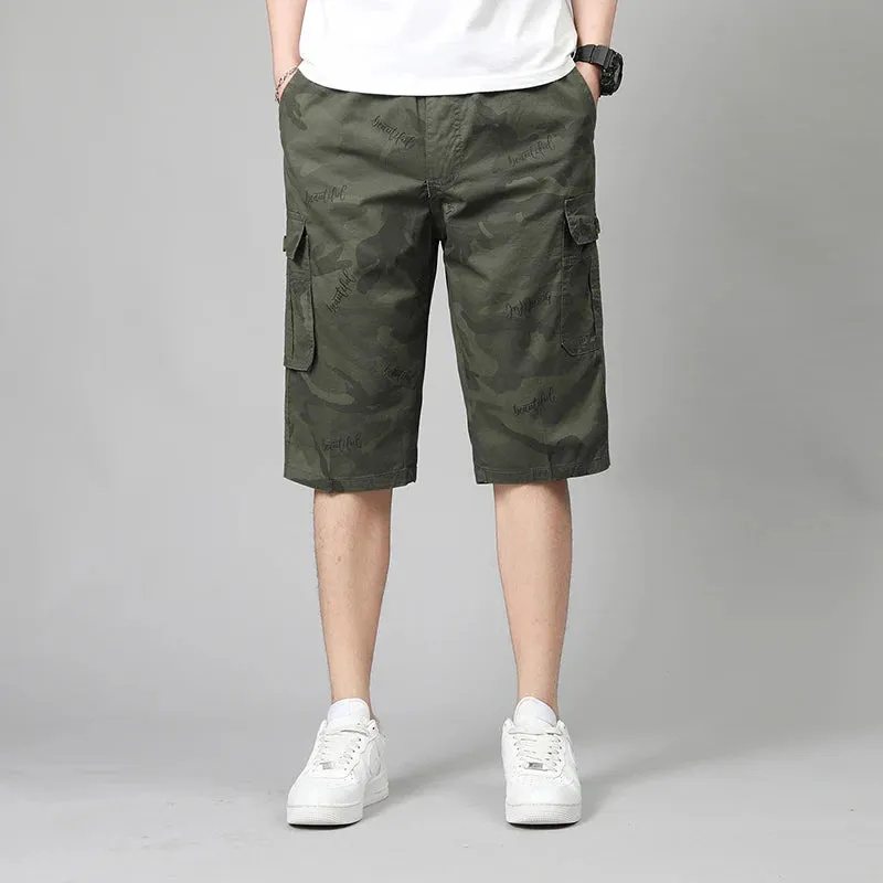 Wiaofellas  -  Men's Clothing Fashion Camouflage Capri Pants Printed Summer Safari Style Pockets Spliced Basic Mid Waist Elastic Casual Pants