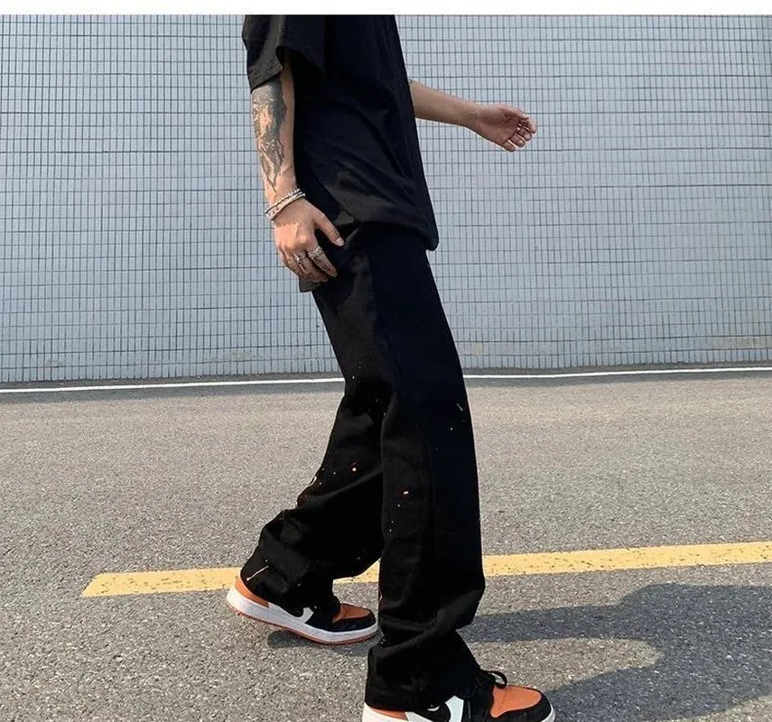 Wiaofellas  -  Spring and Autumn High Street Jeans Splashed Ink Jeans Men's Straight Pants Loose Casual Pants Men Fashion  Punk Pants