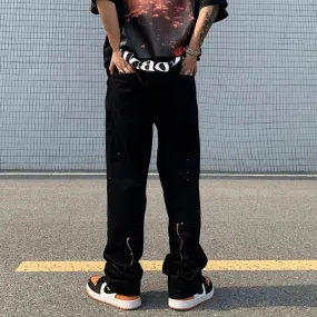 Wiaofellas  -  Spring and Autumn High Street Jeans Splashed Ink Jeans Men's Straight Pants Loose Casual Pants Men Fashion  Punk Pants
