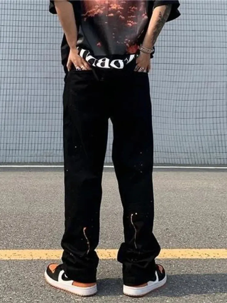 Wiaofellas  -  Spring and Autumn High Street Jeans Splashed Ink Jeans Men's Straight Pants Loose Casual Pants Men Fashion  Punk Pants