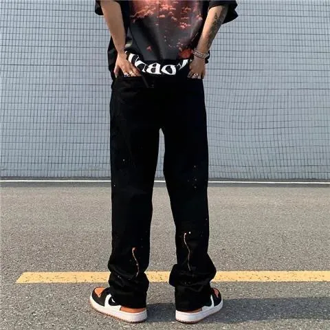 Wiaofellas  -  Spring and Autumn High Street Jeans Splashed Ink Jeans Men's Straight Pants Loose Casual Pants Men Fashion  Punk Pants