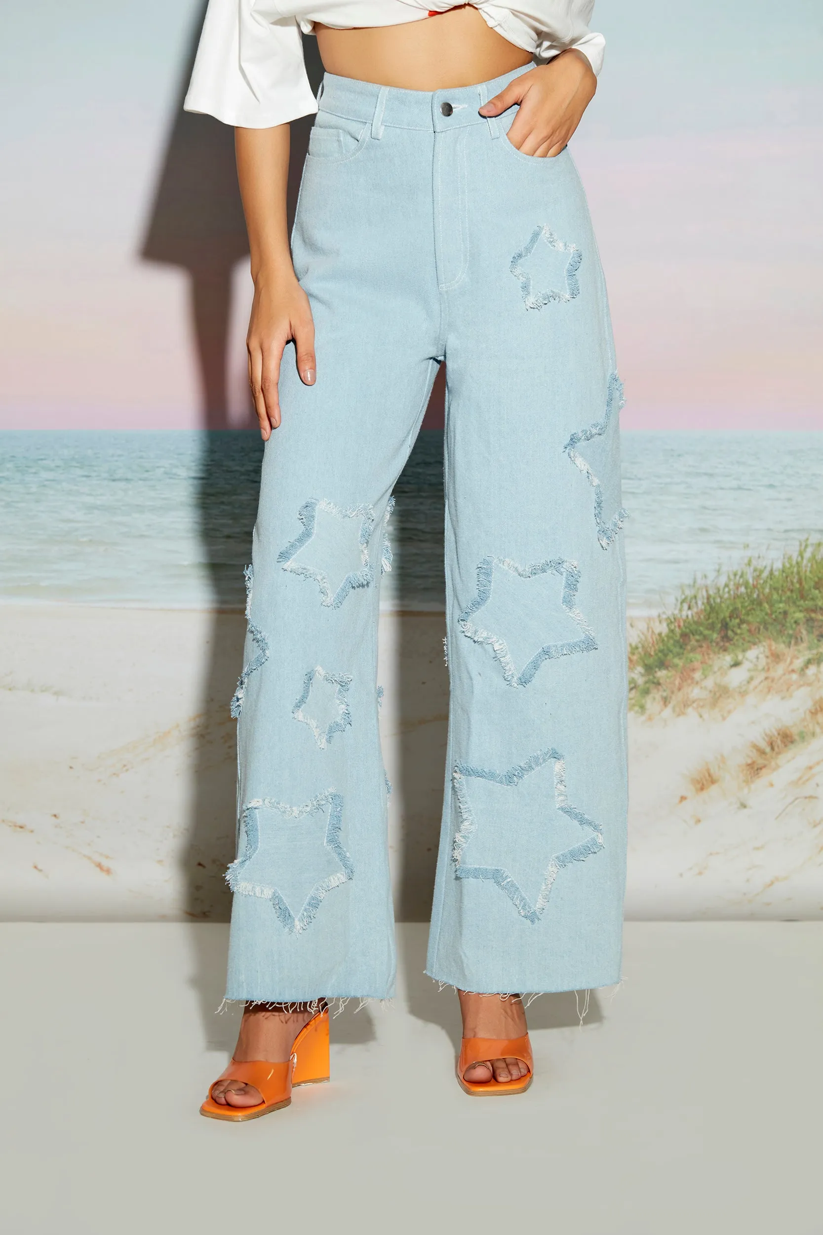 Wide Leg Denim Jeans with Star Patch