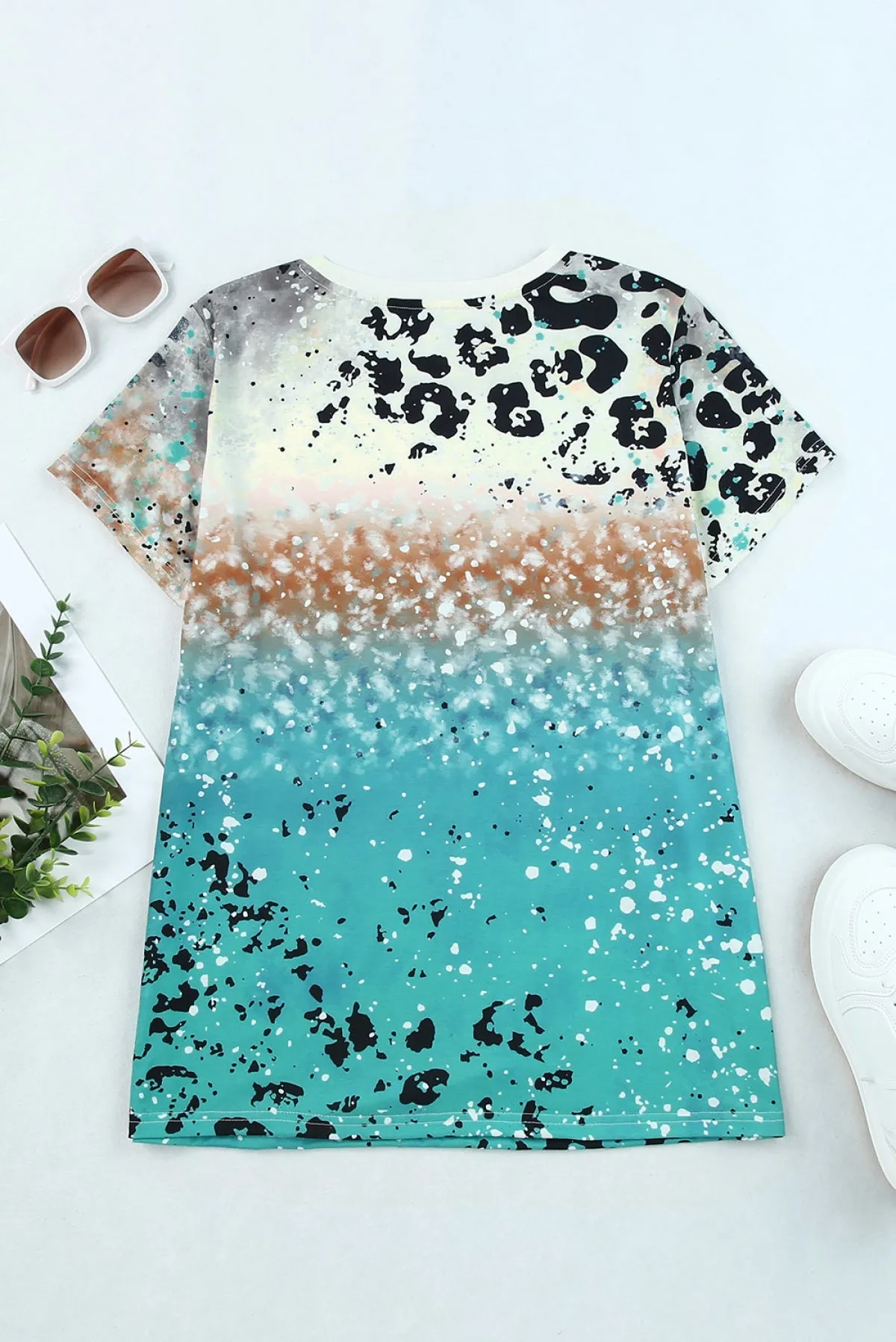 Womens T-Shirt Leopard Tie-Dye Bleached Round Neck Short Sleeves
