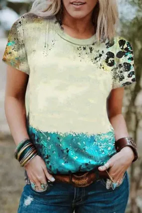 Womens T-Shirt Leopard Tie-Dye Bleached Round Neck Short Sleeves