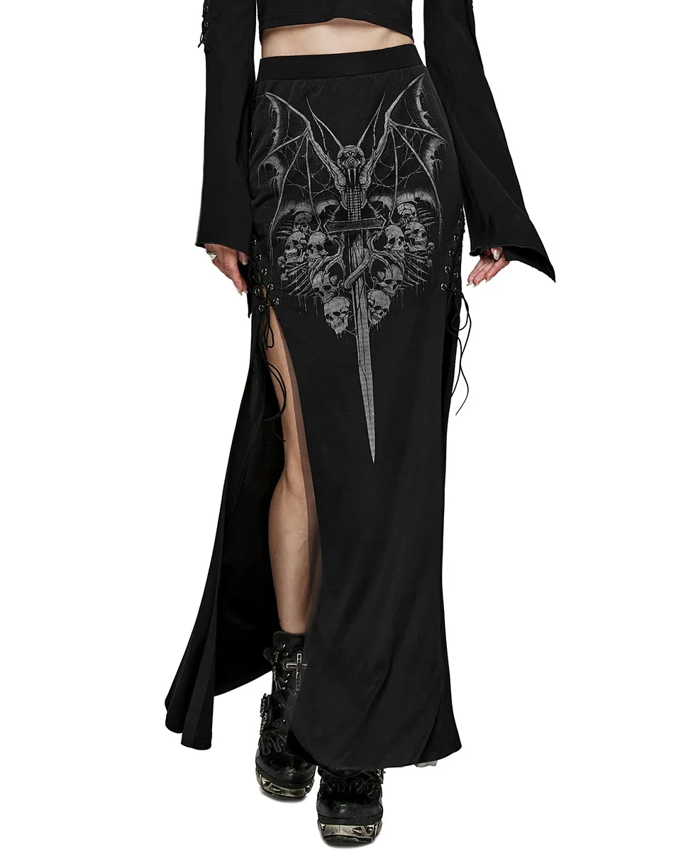 WQ-671BQF-BKF Womens Demonica Printed Gothic Mesh Skirt
