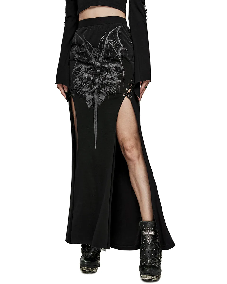 WQ-671BQF-BKF Womens Demonica Printed Gothic Mesh Skirt